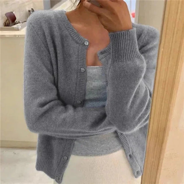 Grey Women's Crew Neck Cardigan with Button Front & Relaxed Fit
