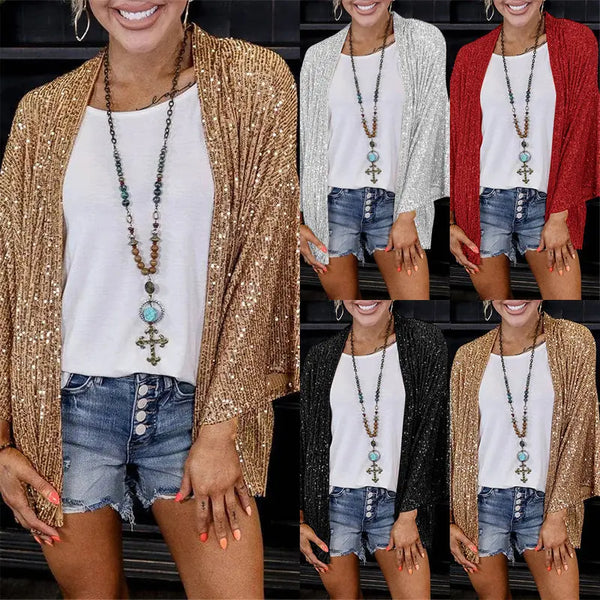 Champagne Women's Ribbed Knit Sequin Cardigan with Kimono Sleeves — Simone - Collage All Colors
