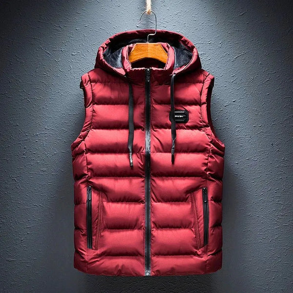 Red Men's Hooded Puffer Vest with Zip Front & Multi-Pocket Design — Ethan