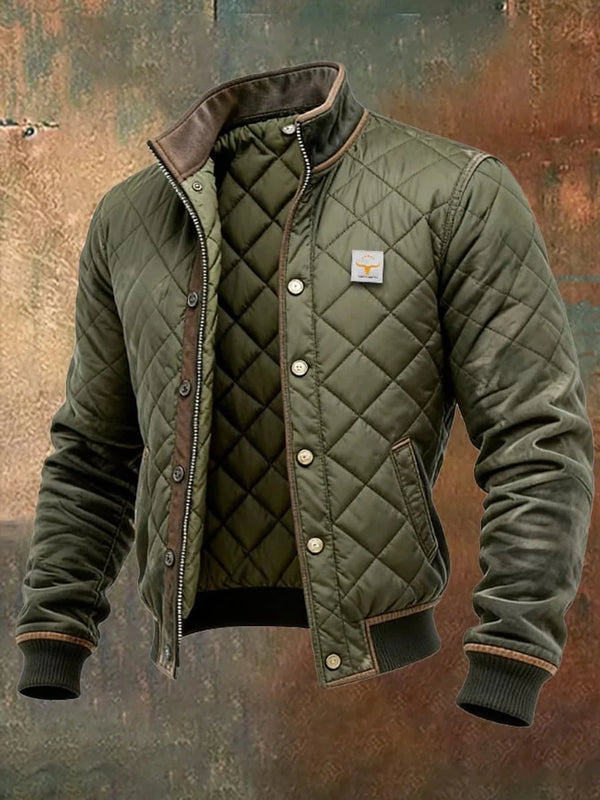 Green Men's Quilted Bomber Jacket with Snap-Button Front & Relaxed Fit