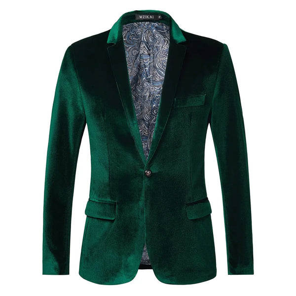 Green Men's Tailored Velvet Tuxedo Jacket with Satin Lapel & Comfortable Fit - Front Full