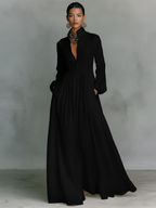 Women's Collared A-Line Maxi Dress with Long Sleeves & Relaxed Fit — Catherine