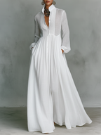 Women's Collared A-Line Maxi Dress with Long Sleeves & Relaxed Fit — Catherine
