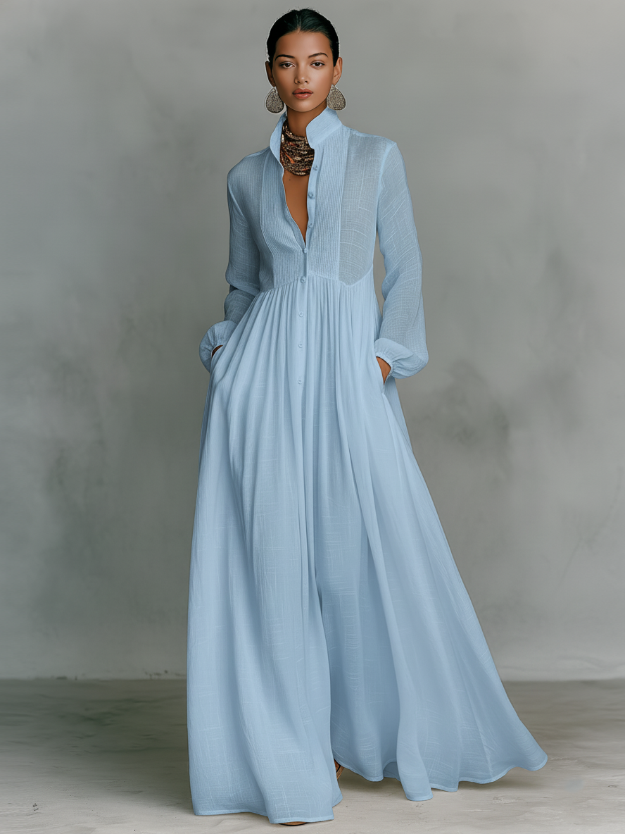 Women's Collared A-Line Maxi Dress with Long Sleeves & Relaxed Fit — Catherine