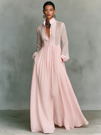Women's Collared A-Line Maxi Dress with Long Sleeves & Relaxed Fit — Catherine