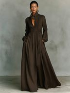 Women's Collared A-Line Maxi Dress with Long Sleeves & Relaxed Fit — Catherine