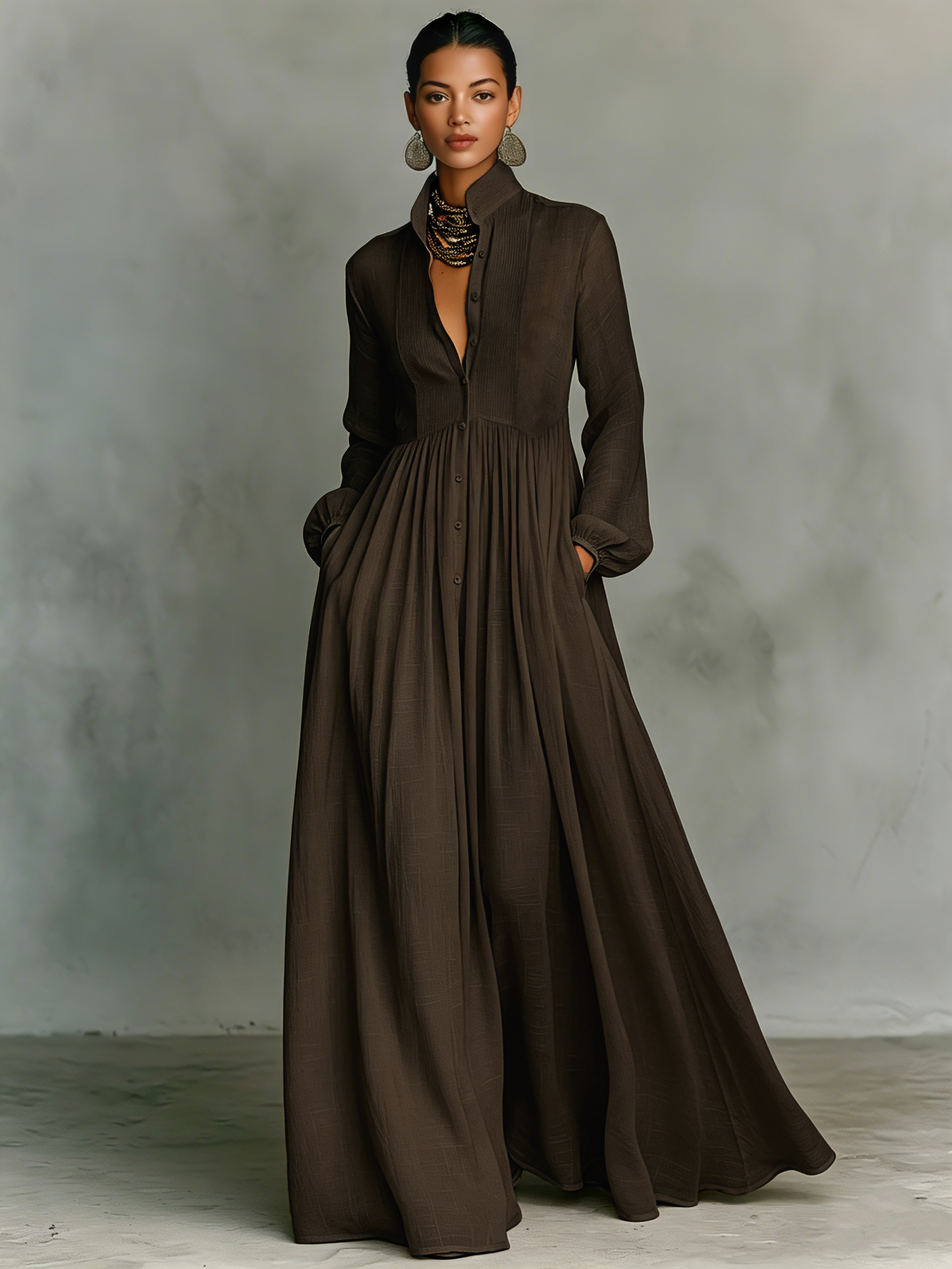 Women's Collared A-Line Maxi Dress with Long Sleeves & Relaxed Fit — Catherine