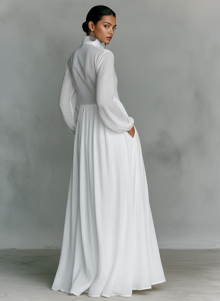 Women's Collared A-Line Maxi Dress with Long Sleeves & Relaxed Fit — Catherine