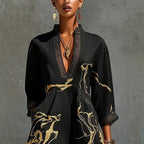 Black Women's A Line Mini Dress with Linen Lace Trim & V-Neck — Scarlett