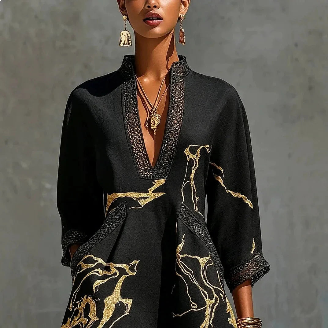 Black Women's A Line Mini Dress with Linen Lace Trim & V-Neck — Scarlett