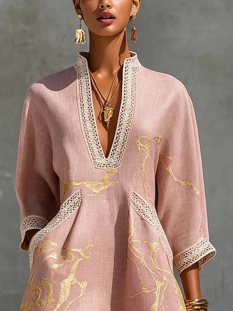 Pink Women's A Line Mini Dress with Linen Lace Trim & V-Neck — Scarlett - Close Up Pocket Detail