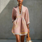 Pink Women's A Line Mini Dress with Linen Lace Trim & V-Neck — Scarlett