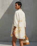 White Women's A Line Mini Dress with Linen Lace Trim & V-Neck — Scarlett - Back View Walk