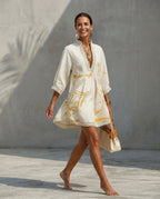 White Women's A Line Mini Dress with Linen Lace Trim & V-Neck — Scarlett - Front Full Walk