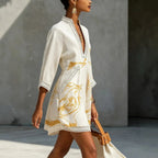 White Women's A Line Mini Dress with Linen Lace Trim & V-Neck — Scarlett - Side Profile Walk