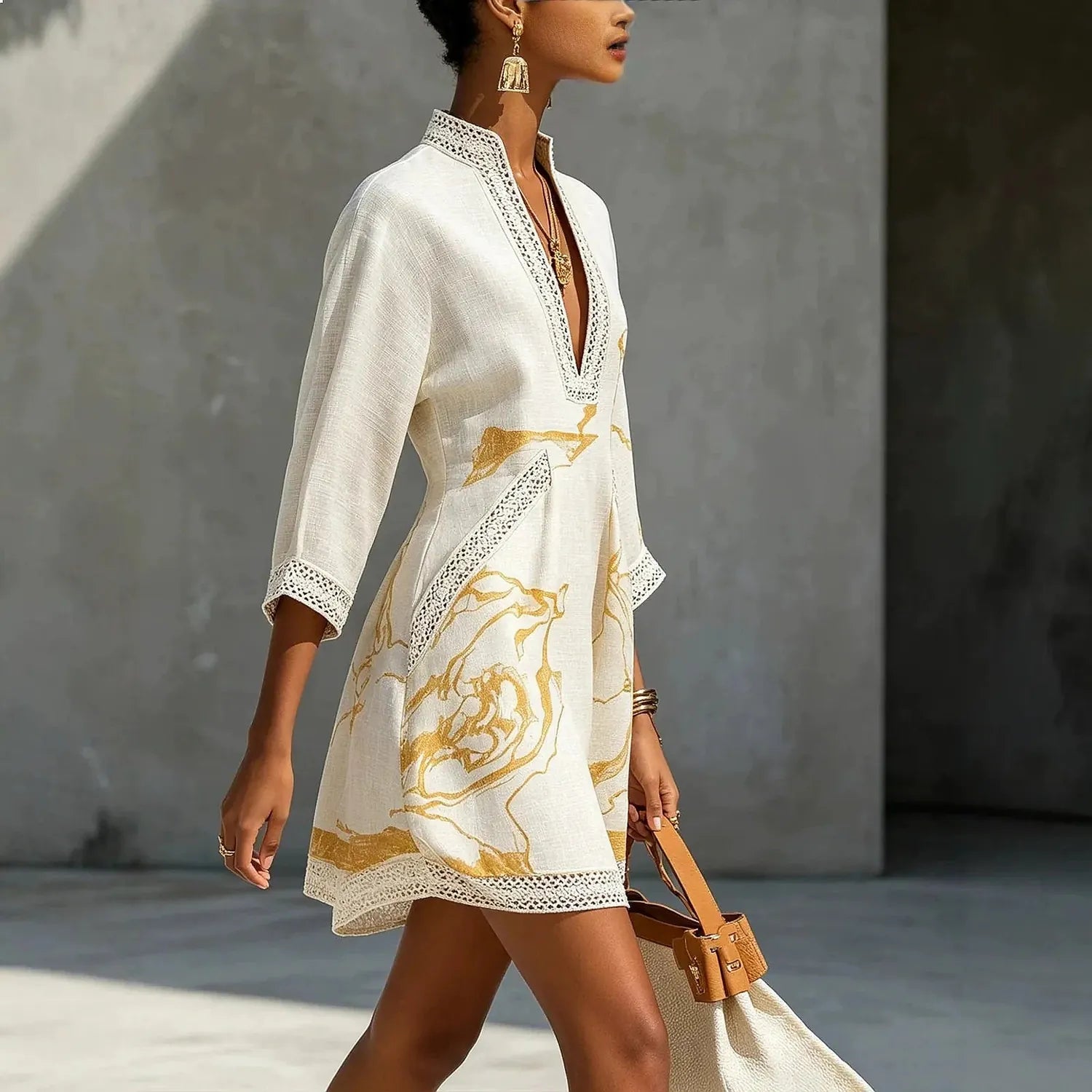 White Women's A Line Mini Dress with Linen Lace Trim & V-Neck — Scarlett - Side Profile Walk