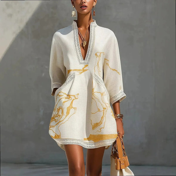White Women's A Line Mini Dress with Linen Lace Trim & V-Neck — Scarlett