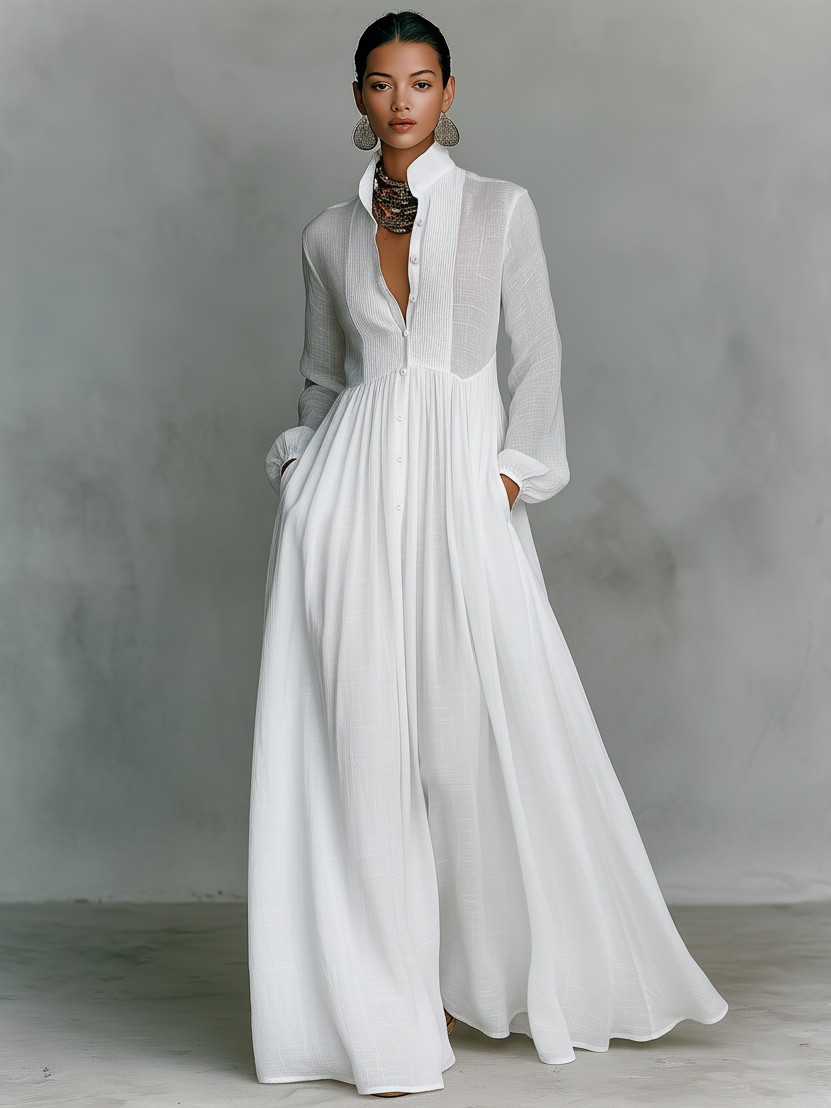 Women's Collared A-Line Maxi Dress with Long Sleeves & Relaxed Fit — Catherine