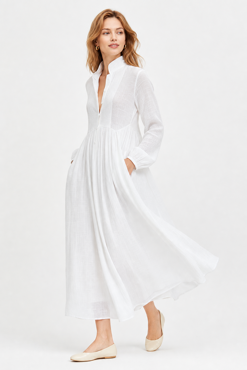 Women's Collared A-Line Maxi Dress with Long Sleeves & Relaxed Fit — Catherine