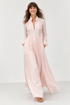 Women's Collared A-Line Maxi Dress with Long Sleeves & Relaxed Fit — Catherine