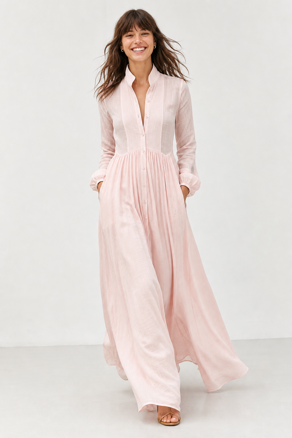 Women's Collared A-Line Maxi Dress with Long Sleeves & Relaxed Fit — Catherine