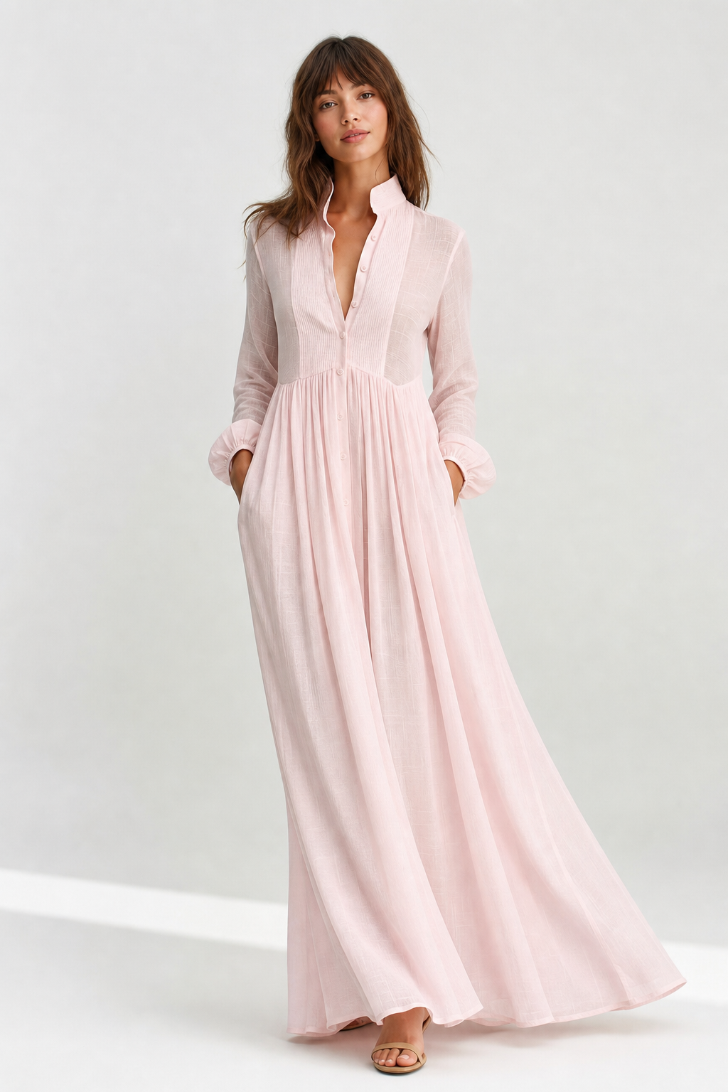 Women's Collared A-Line Maxi Dress with Long Sleeves & Relaxed Fit — Catherine
