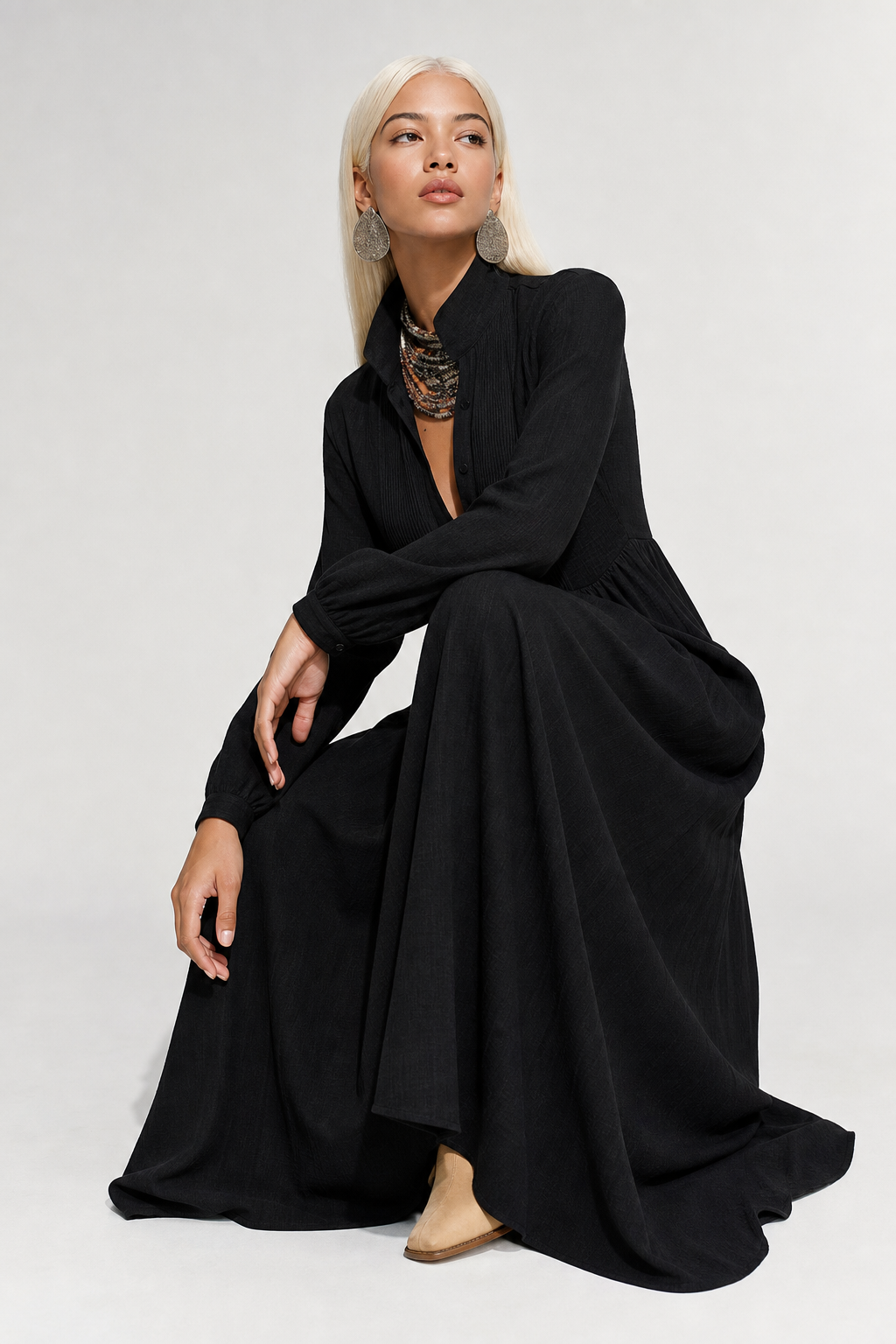Women's Collared A-Line Maxi Dress with Long Sleeves & Relaxed Fit — Catherine