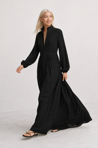 Women's Collared A-Line Maxi Dress with Long Sleeves & Relaxed Fit — Catherine