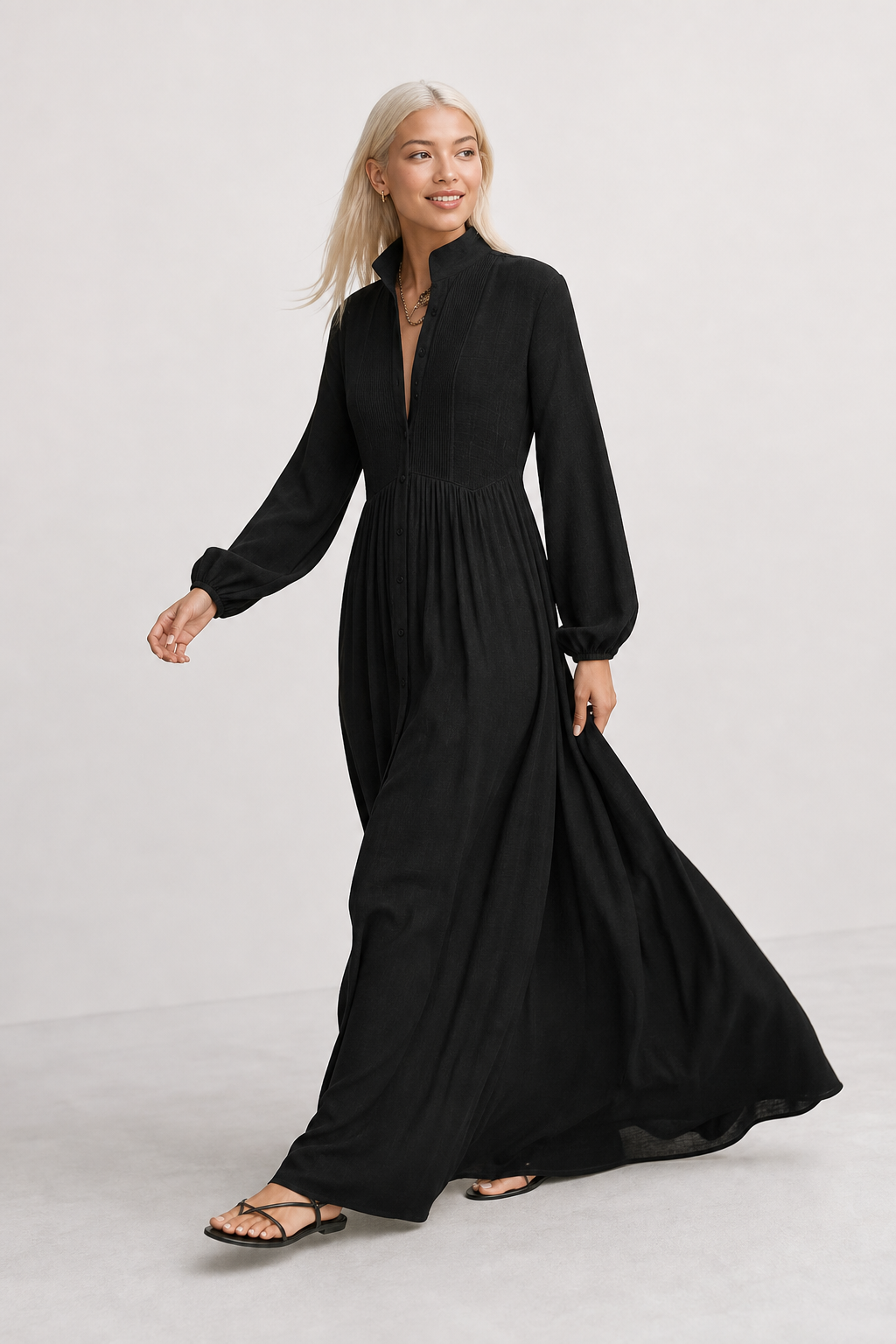 Women's Collared A-Line Maxi Dress with Long Sleeves & Relaxed Fit — Catherine