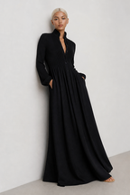 Women's Collared A-Line Maxi Dress with Long Sleeves & Relaxed Fit — Catherine