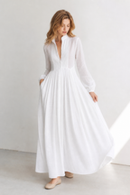 Women's Collared A-Line Maxi Dress with Long Sleeves & Relaxed Fit — Catherine