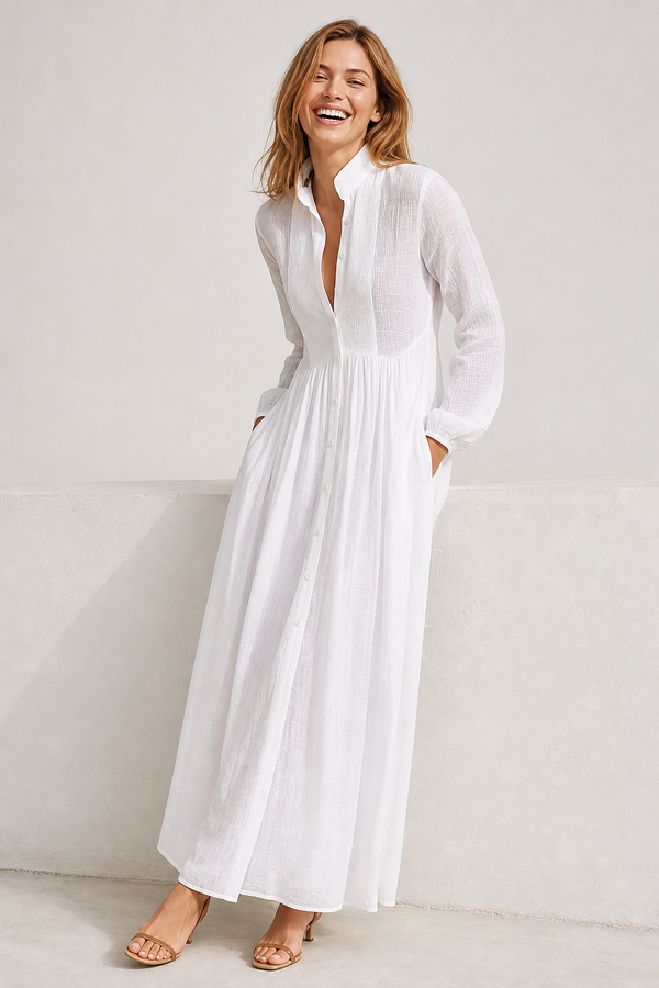 Women's Collared A-Line Maxi Dress with Long Sleeves & Relaxed Fit — Catherine
