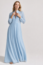 Women's Collared A-Line Maxi Dress with Long Sleeves & Relaxed Fit — Catherine