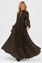 Women's Collared A-Line Maxi Dress with Long Sleeves & Relaxed Fit — Catherine