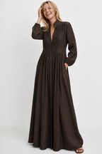 Women's Collared A-Line Maxi Dress with Long Sleeves & Relaxed Fit — Catherine