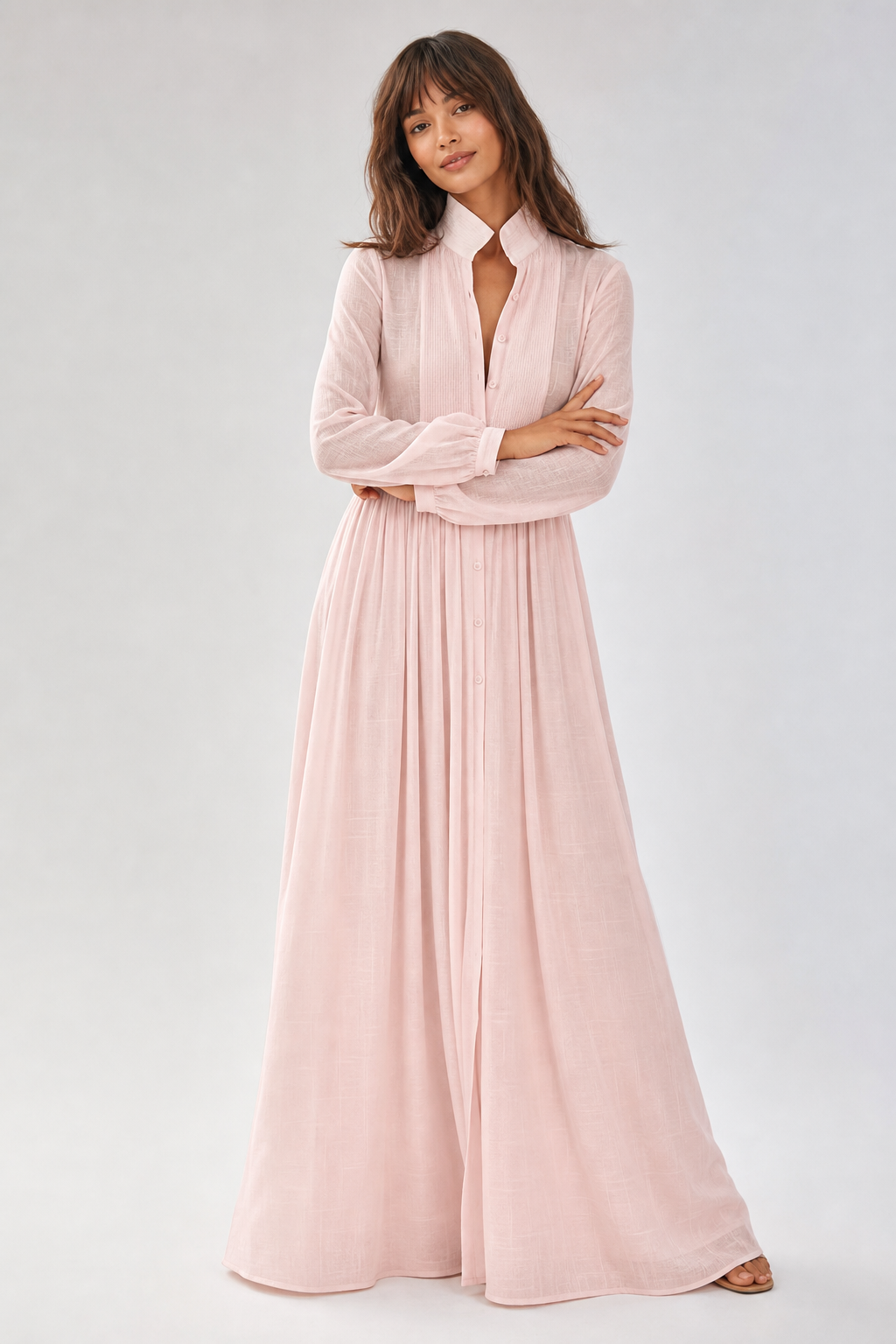 Women's Collared A-Line Maxi Dress with Long Sleeves & Relaxed Fit — Catherine