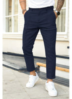 Blue Men's Slim-Fit Ankle Length Trousers with Front Pleat Detail