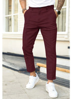 Dark Red Men's Slim-Fit Ankle Length Trousers with Front Pleat Detail - Front Casual