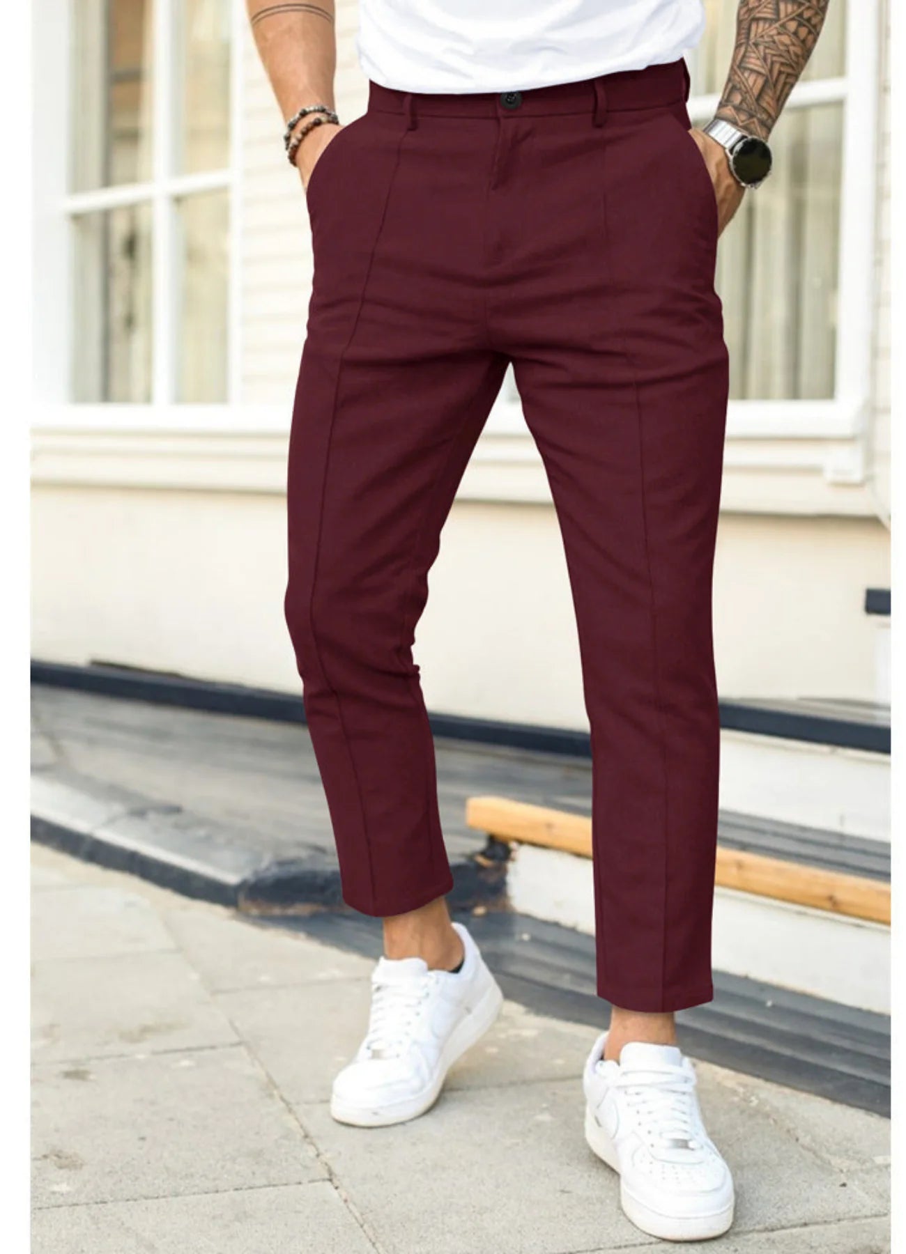 Dark Red Men's Slim-Fit Ankle Length Trousers with Front Pleat Detail - Front Casual