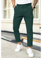Green Men's Slim-Fit Ankle Length Trousers with Front Pleat Detail