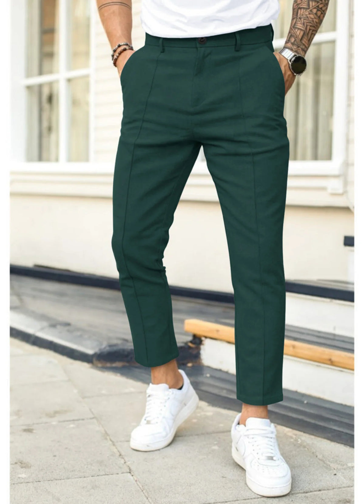 Green Men's Slim-Fit Ankle Length Trousers with Front Pleat Detail