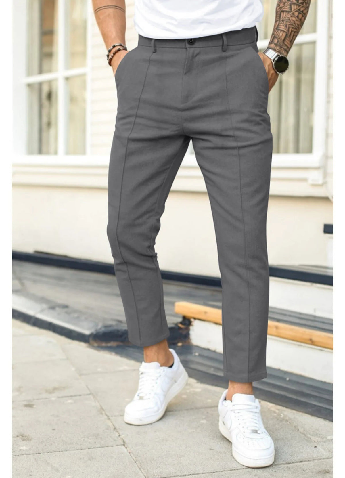 Grey Men's Slim-Fit Ankle Length Trousers with Front Pleat Detail