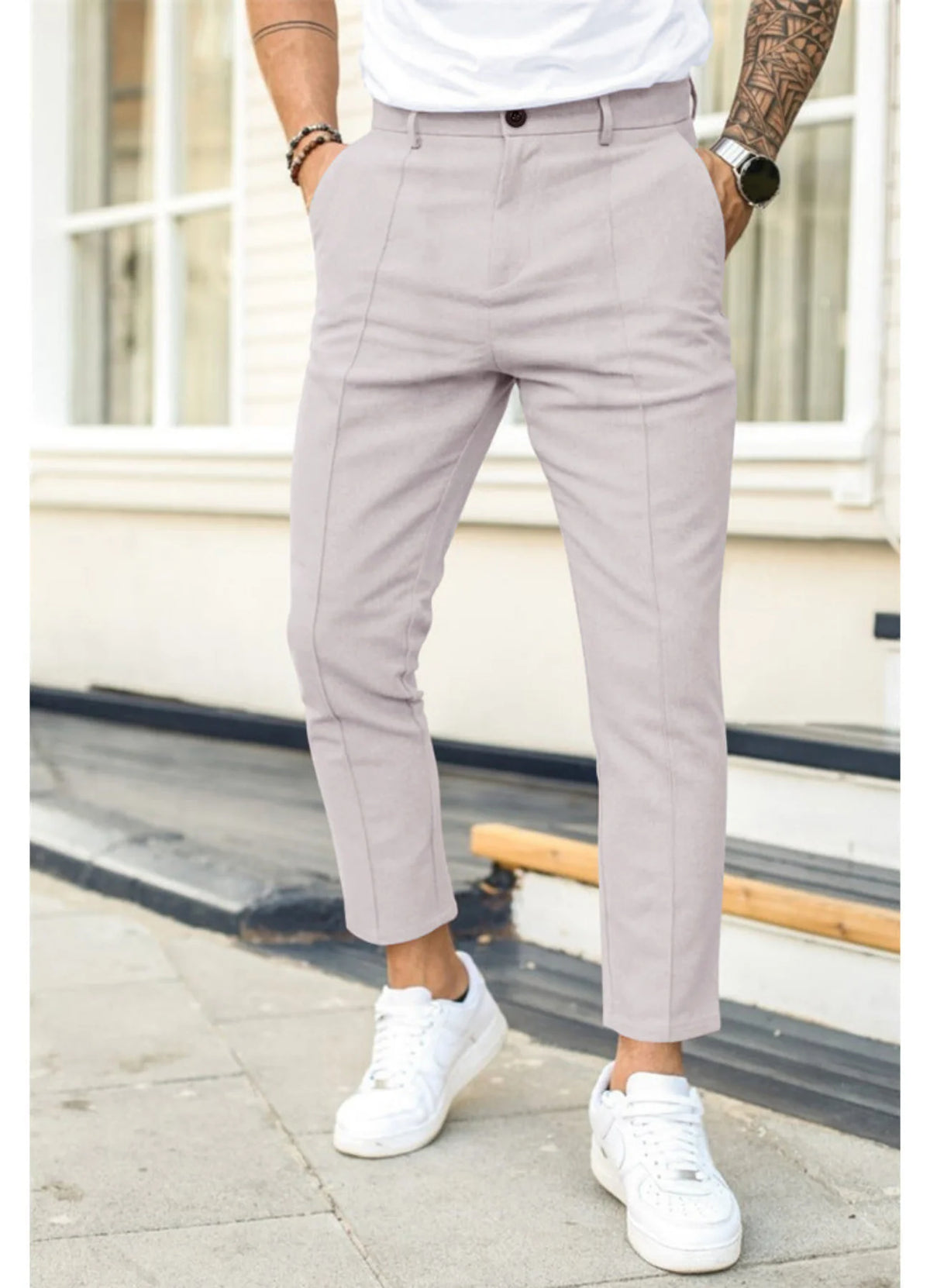 Light Grey Men's Slim-Fit Ankle Length Trousers with Front Pleat Detail