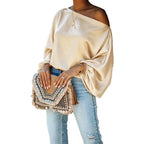 Women's Satin Blouse with Asymmetric Off-Shoulder Neckline & Batwing Sleeves - Studio White Bg