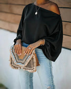 Women's Satin Blouse with Asymmetric Off-Shoulder Neckline & Batwing Sleeves