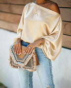 Champagne Women's Satin Blouse with Asymmetric Off-Shoulder Neckline & Batwing Sleeves