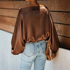Women's Satin Blouse with Asymmetric Off-Shoulder Neckline & Batwing Sleeves - Back Detail