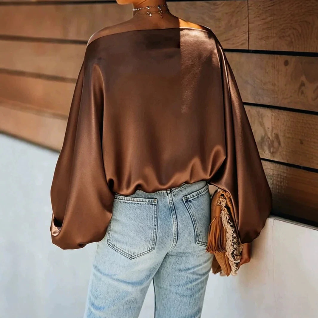 Women's Satin Blouse with Asymmetric Off-Shoulder Neckline & Batwing Sleeves - Back Detail