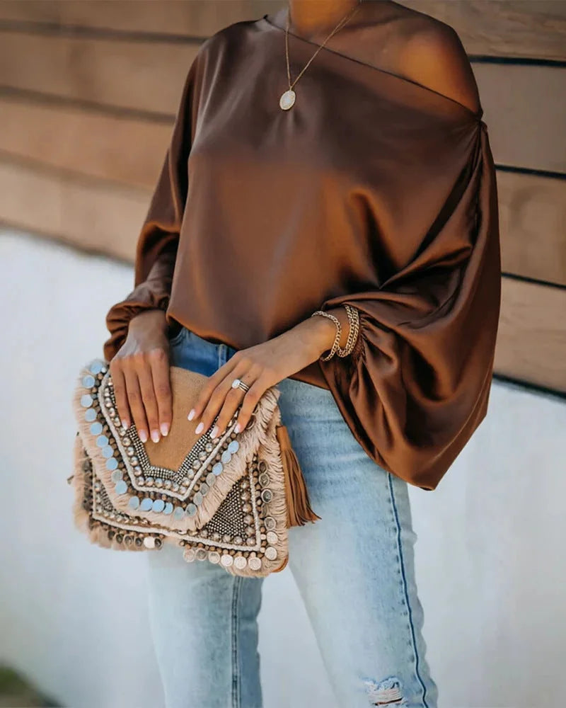 Women's Satin Blouse with Asymmetric Off-Shoulder Neckline & Batwing Sleeves - Close Up Pose