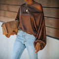 Women's Satin Blouse with Asymmetric Off-Shoulder Neckline & Batwing Sleeves — Trixie